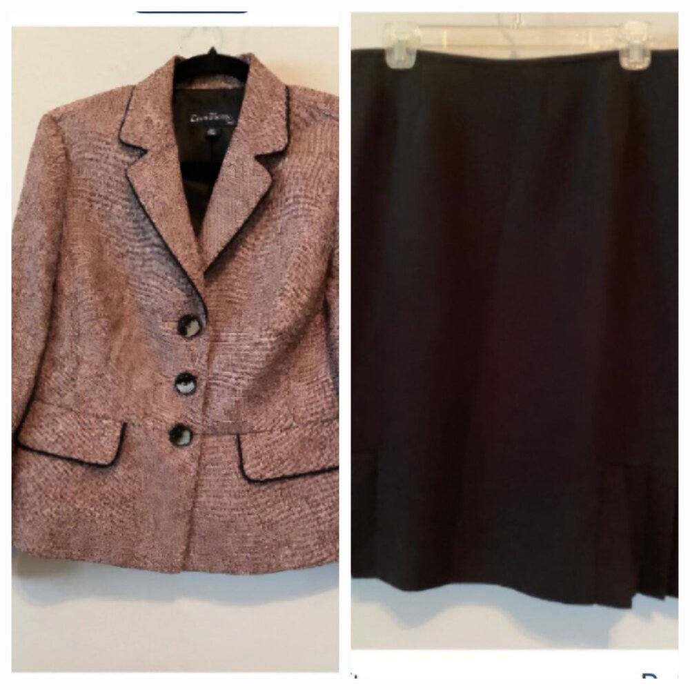 Evan-Picone Skirt Suit Blazer Tan & Black Tweed Ruffled Pleated Hem 10 Petite
